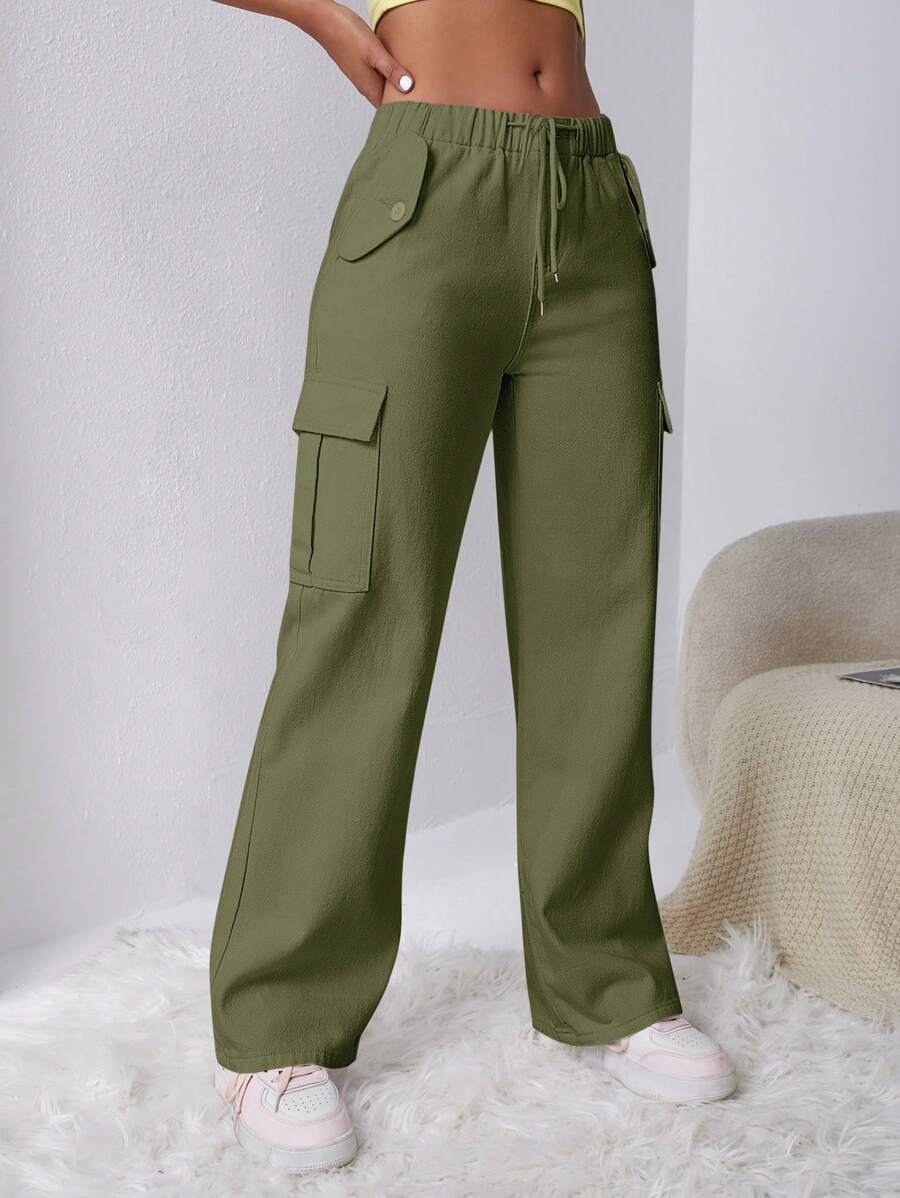 Drawstring Waist Flap Pocket Cargo Jeans in Green – women's cargo pants front view
