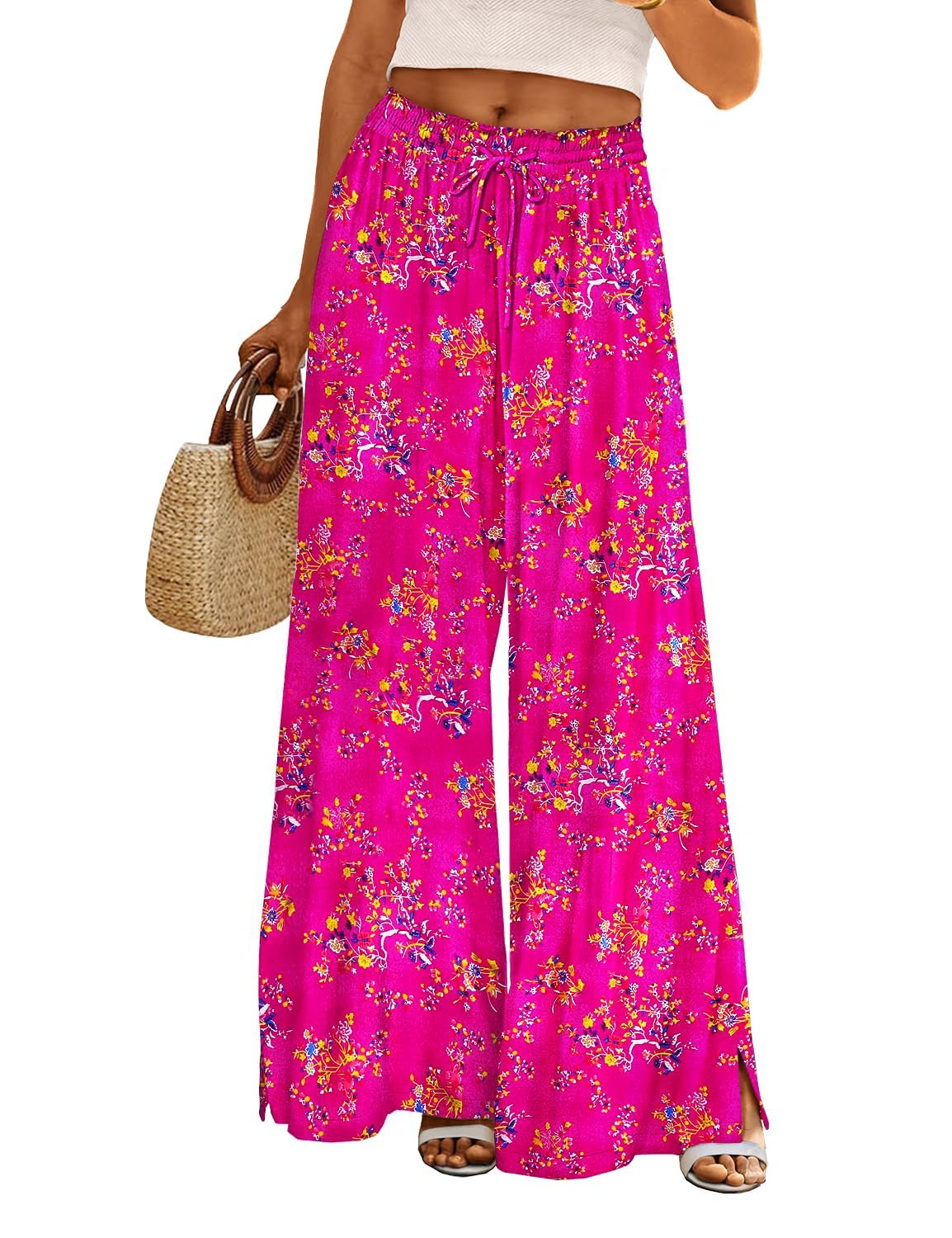 Casual Wide Flowy Beach Pants With Drawstring For Women
