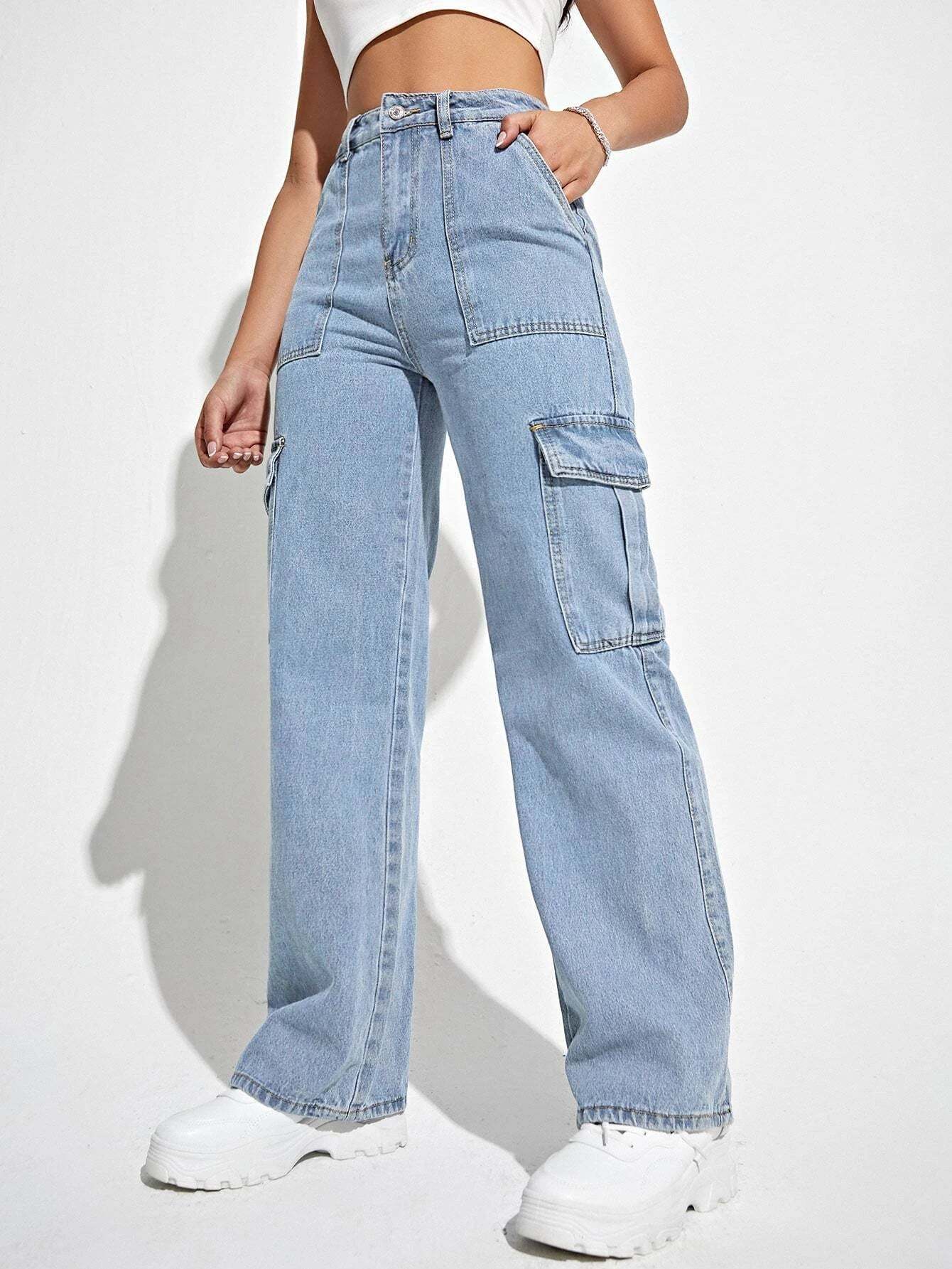 High Waisted Straight Leg Cargo Jeans