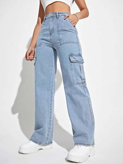 High Waisted Straight Leg Cargo Jeans