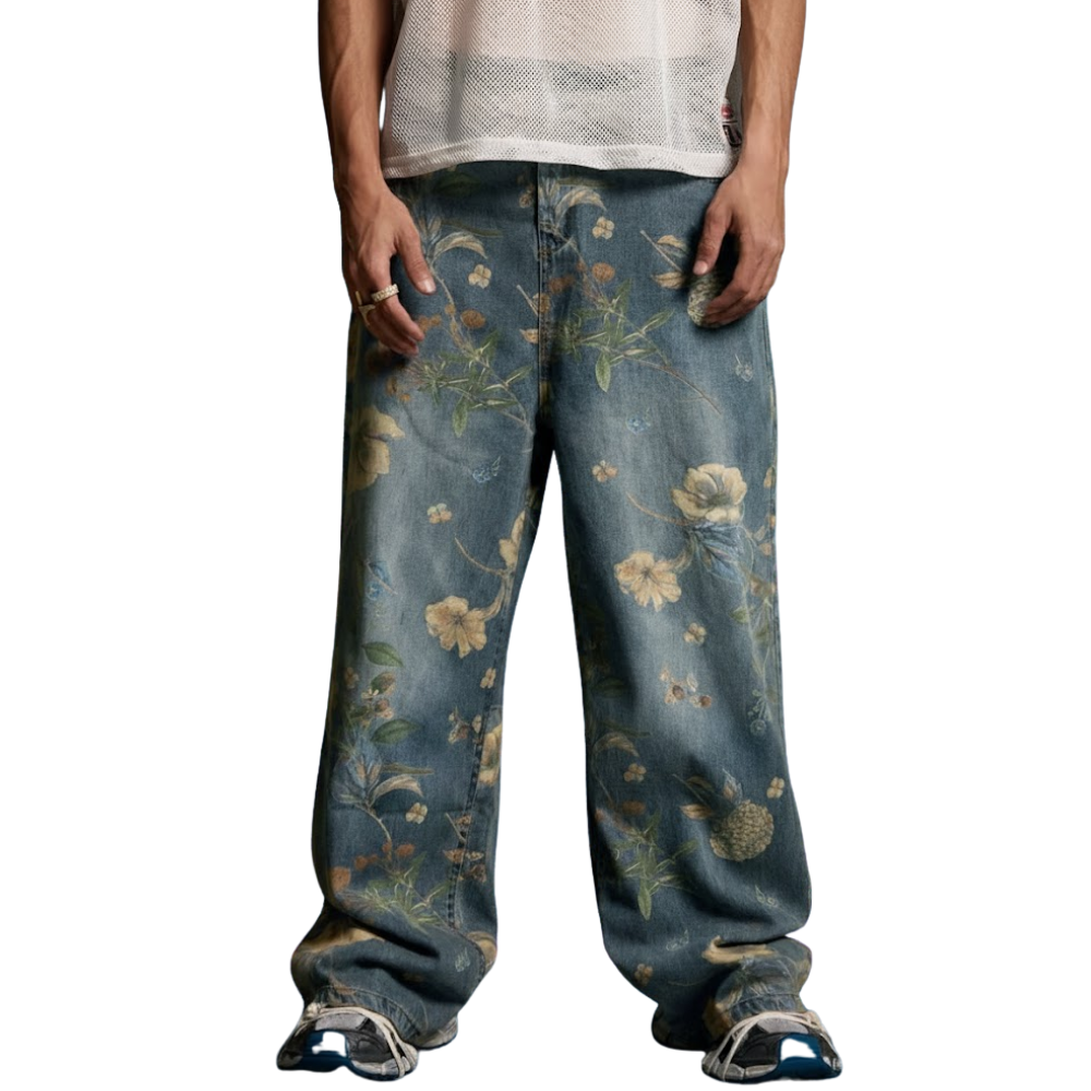 Denim Floral Print Carpenter Jeans for Men