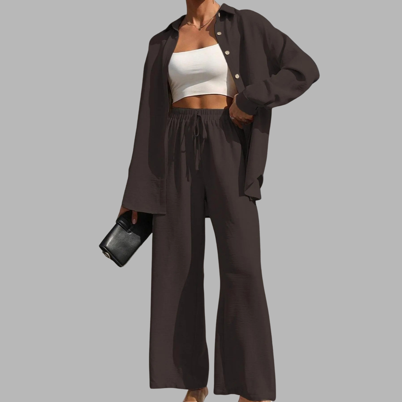 Two Piece Set With Solid Button Front Shirt And Tie Front Wide Pants For Women