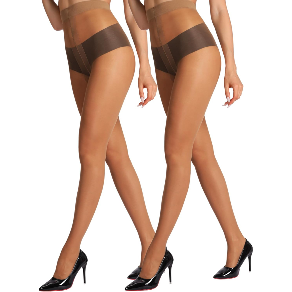 2 Pairs Of Sheer Tights For Women With Reinforced T Crotch A – side profile view