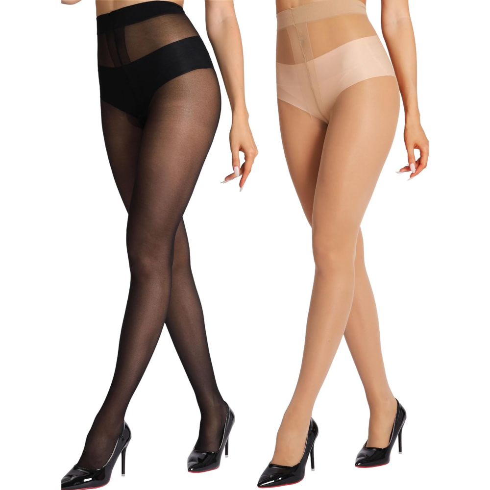 2 Pairs Of Sheer Tights For Women With Reinforced T Crotch A – model wearing view