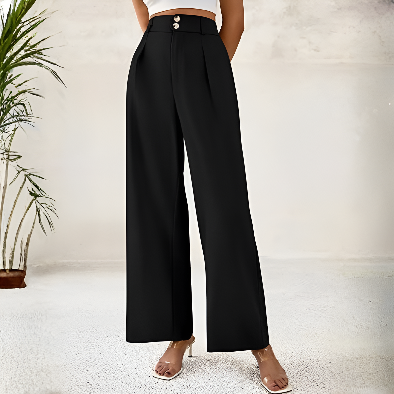 Wide Fit High Rise Button Pleated Trousers For Women  – waistband detail