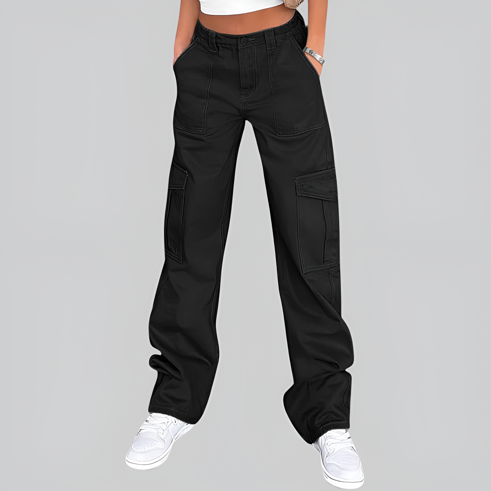 High Rise Casual Baggy And Stretchy Wide Fit Cargo Pants For Women  – back view detail