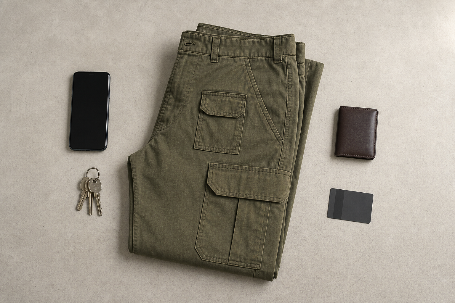 Olive cargo pants arranged with a phone, wallet, keys and card to compare pocket needs