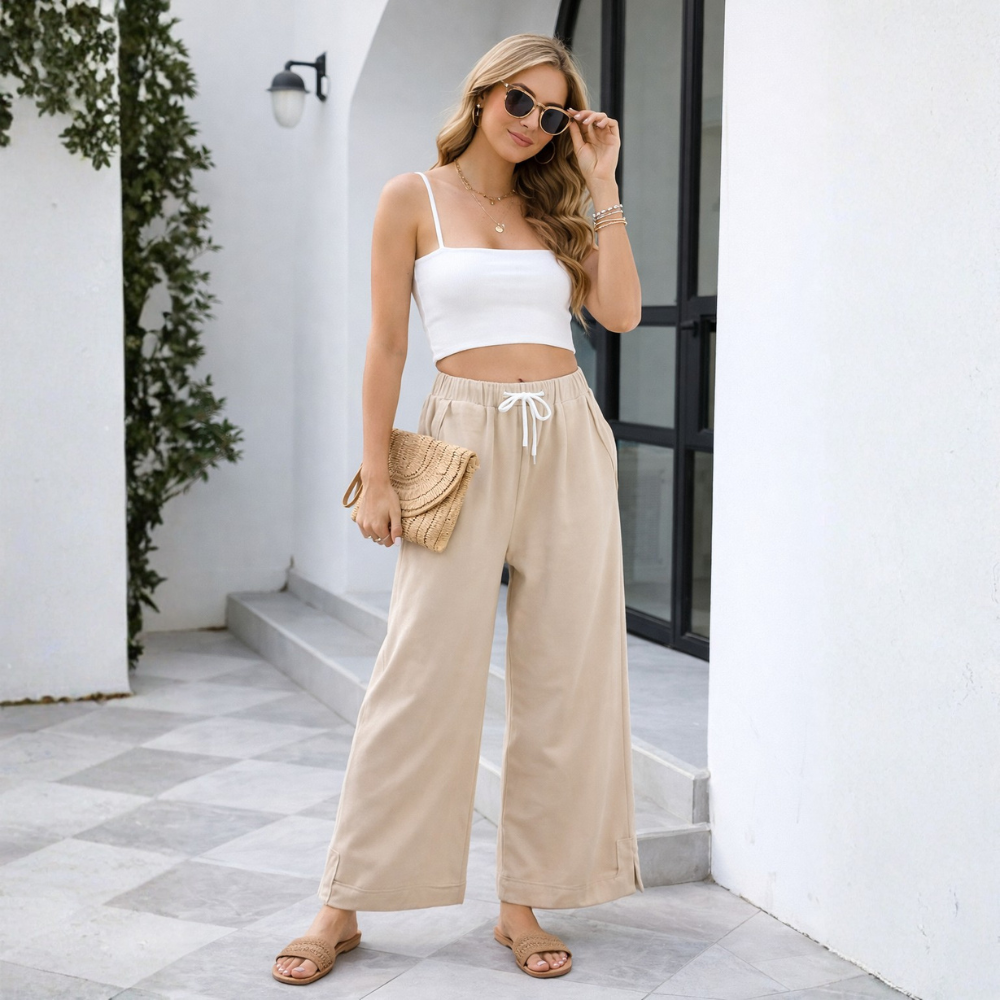 Loose Fit Drawstring Wide Trousers – side profile view