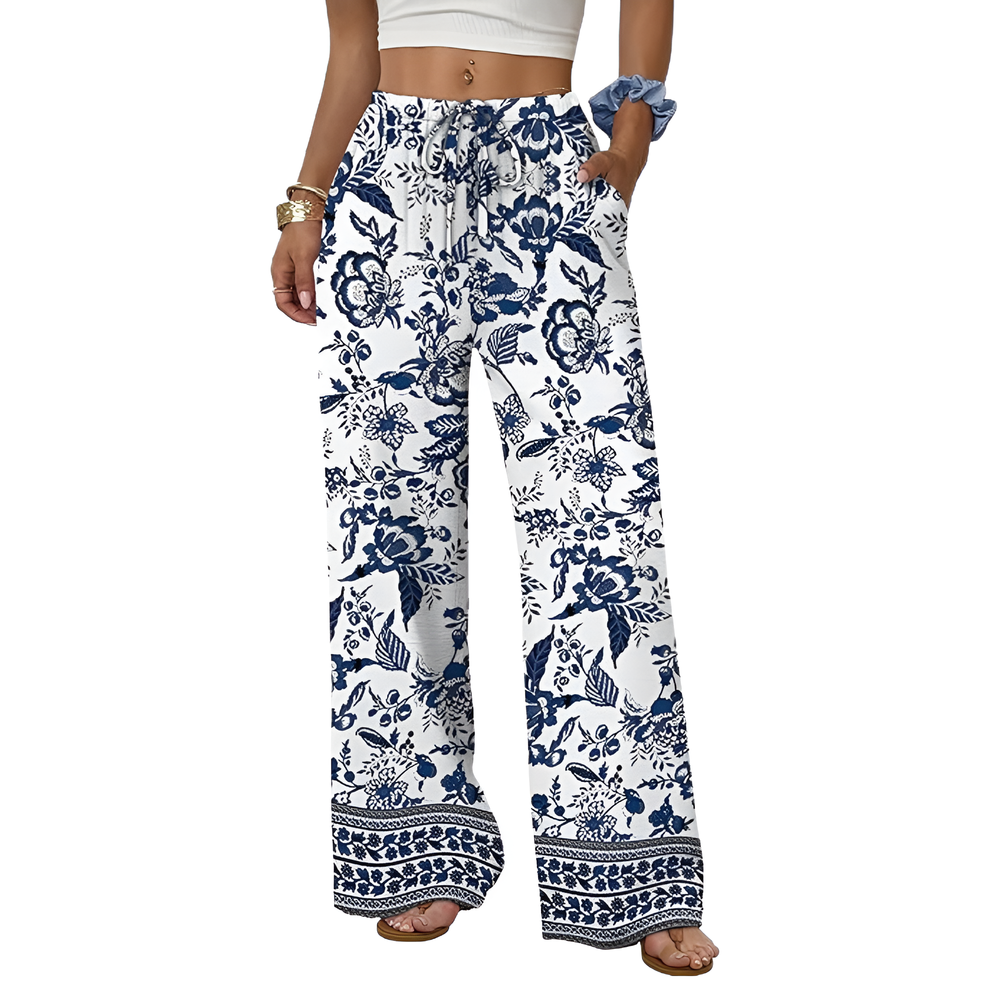 Wide Fit Flowy Palazzo Pants With Pockets For Women  – women's cargo pants front view