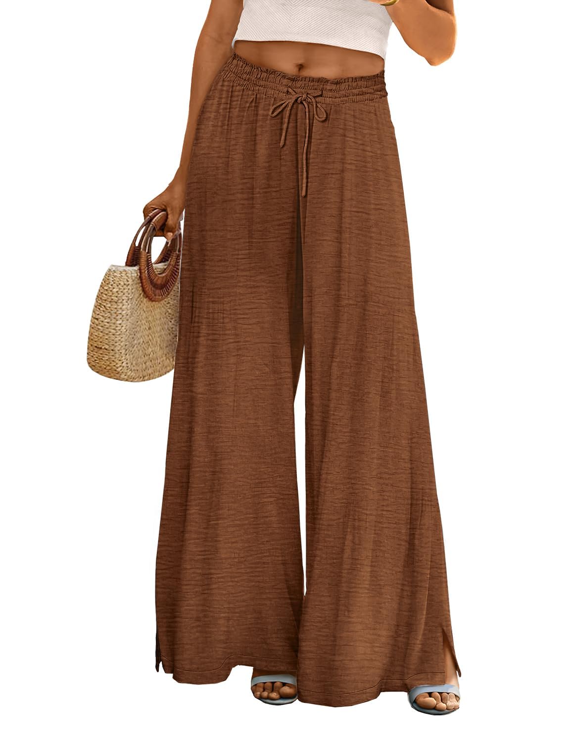 Casual Wide Flowy Beach Pants With Drawstring For Women