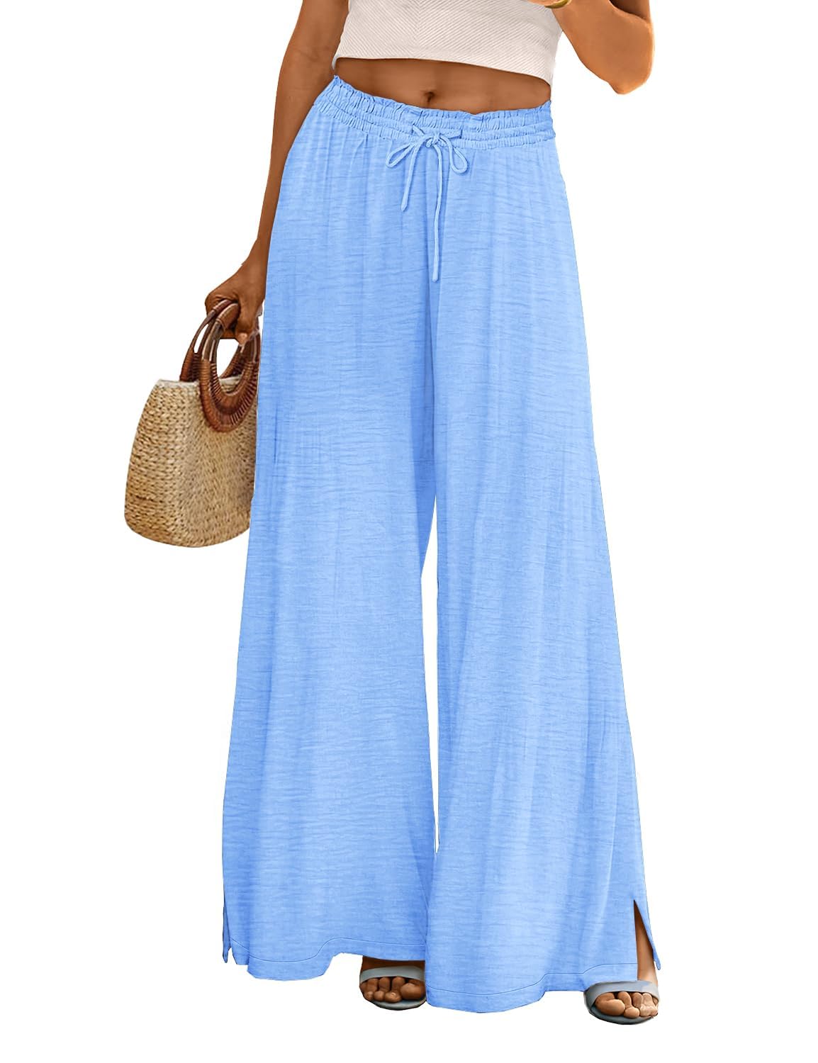 Casual Wide Flowy Beach Pants With Drawstring For Women