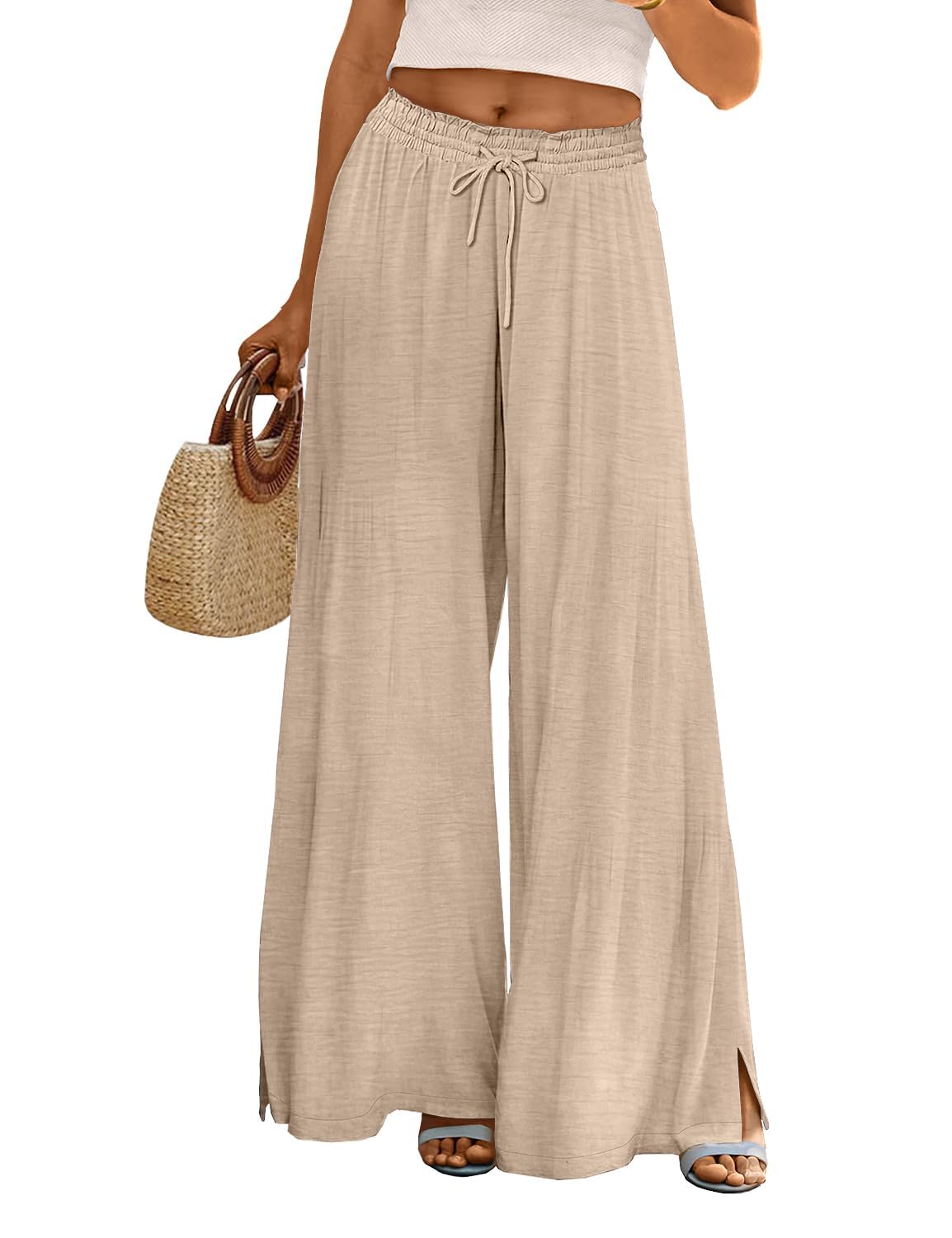Casual Wide Flowy Beach Pants With Drawstring For Women