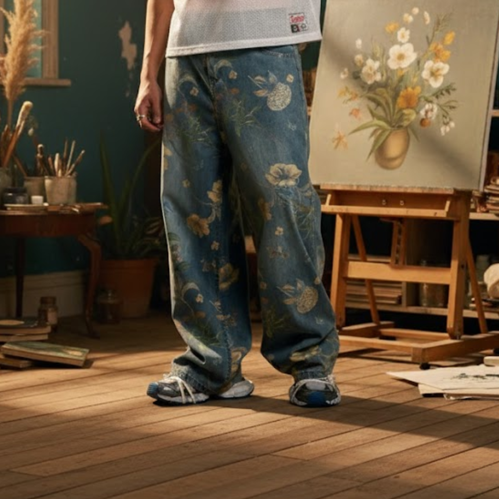 Denim Floral Carpenter Jeans – full length outfit view