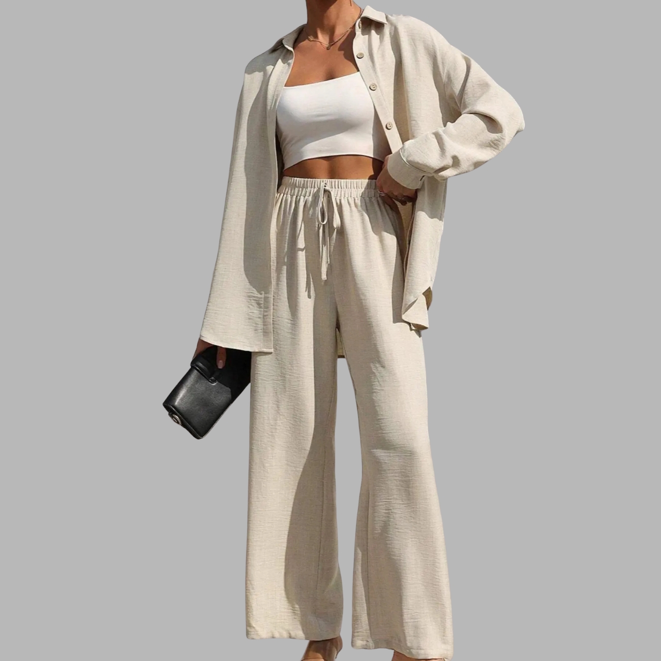 Two Piece Set With Solid Button Front Shirt And Tie Front Wide Pants For Women