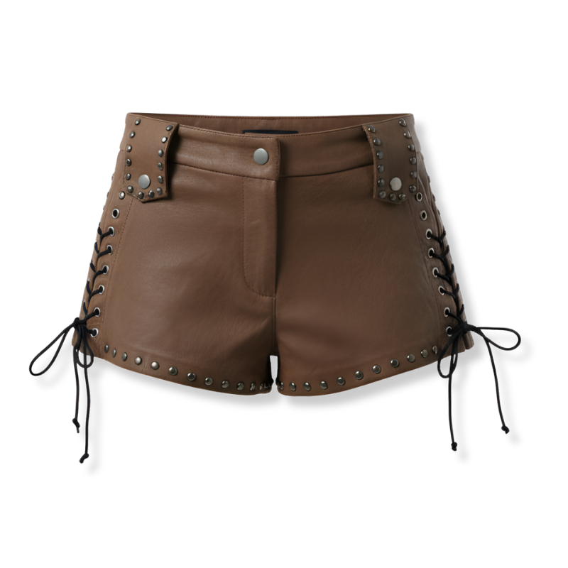 Women's Mini Studded Lace Up Leather Shorts – waistband detail