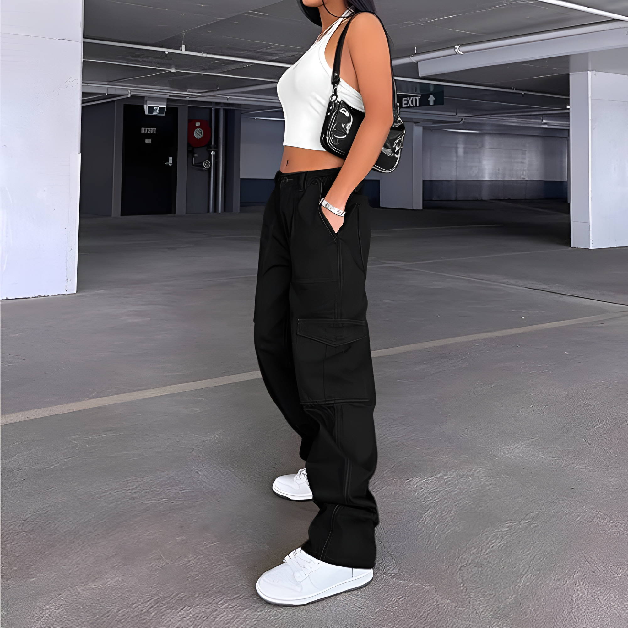 High Rise Casual Baggy And Stretchy Wide Fit Cargo Pants For Women  – side profile view