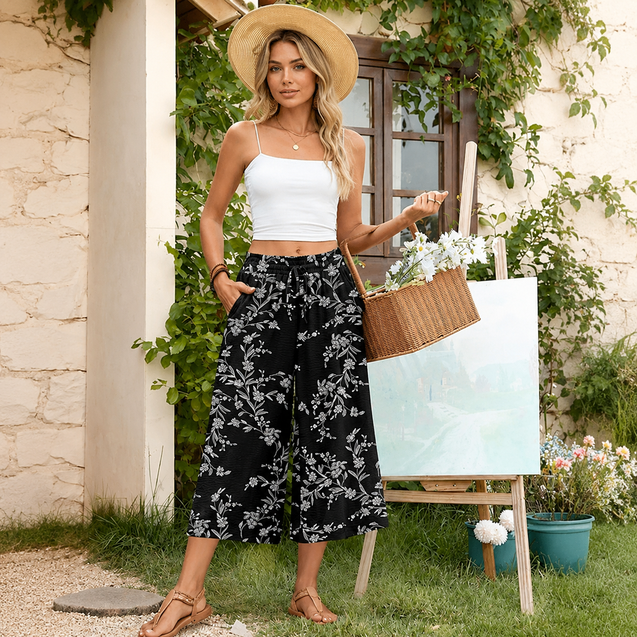 Casual Wide Capri Palazzo Pants With Pockets For Women