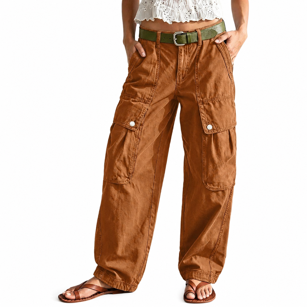 Solid Color Flap Pocket Mid Rise Wide Cargo Pants For Women