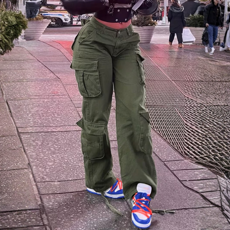 Women's High Rise Cargo Pants With Multiple Pockets And Loos - Trendy St – waistband detail