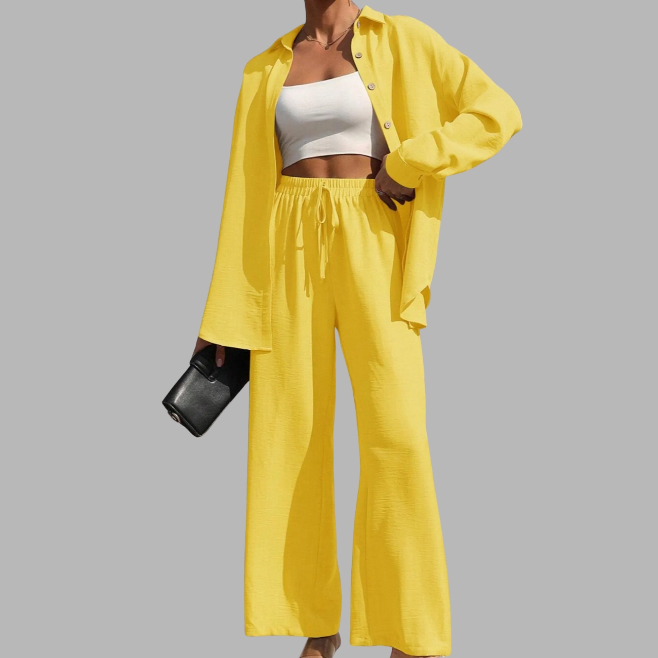 Two Piece Set With Solid Button Front Shirt And Tie Front Wide Pants For Women