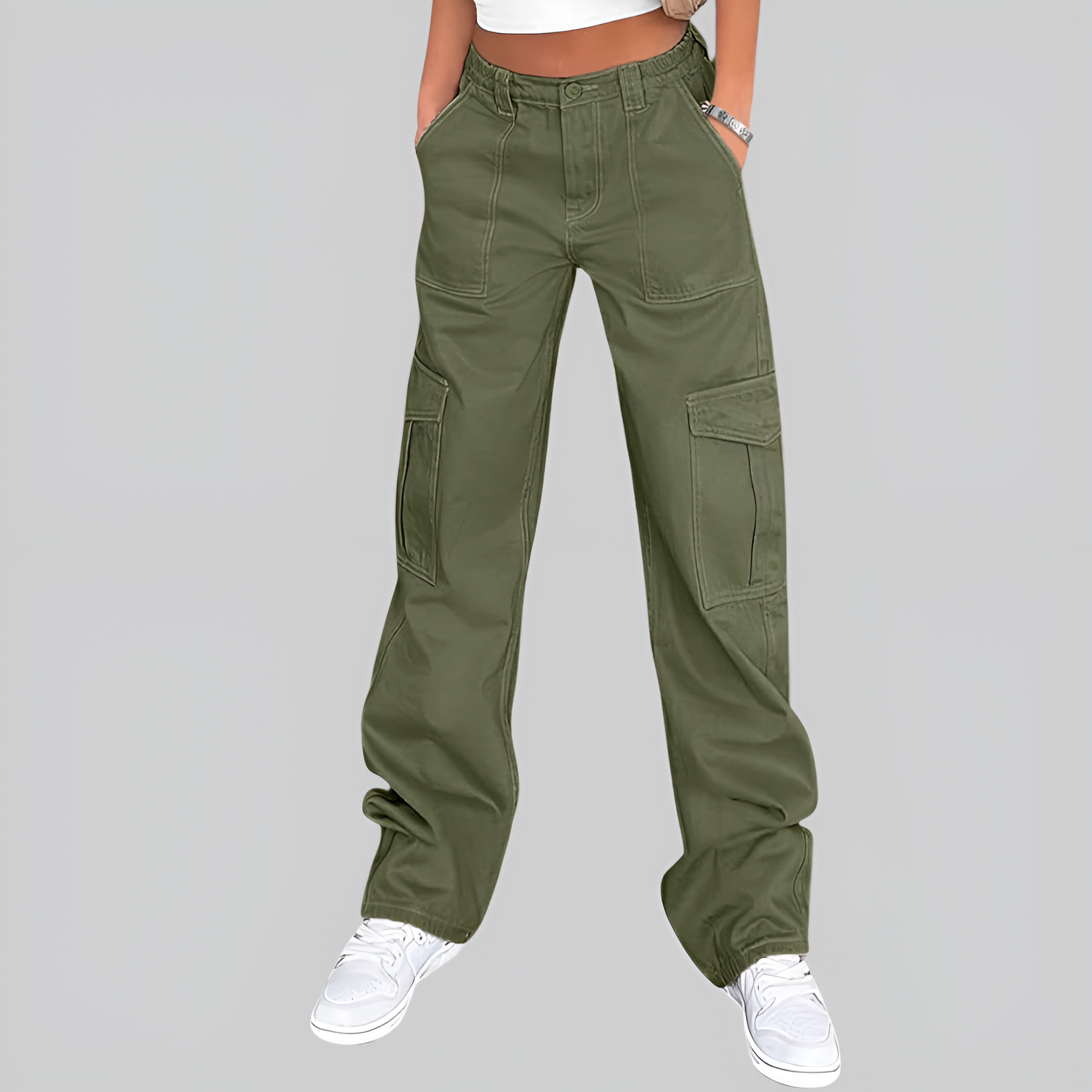 High Rise Casual Baggy And Stretchy Wide Fit Cargo Pants For Women  – pocket detail close-up