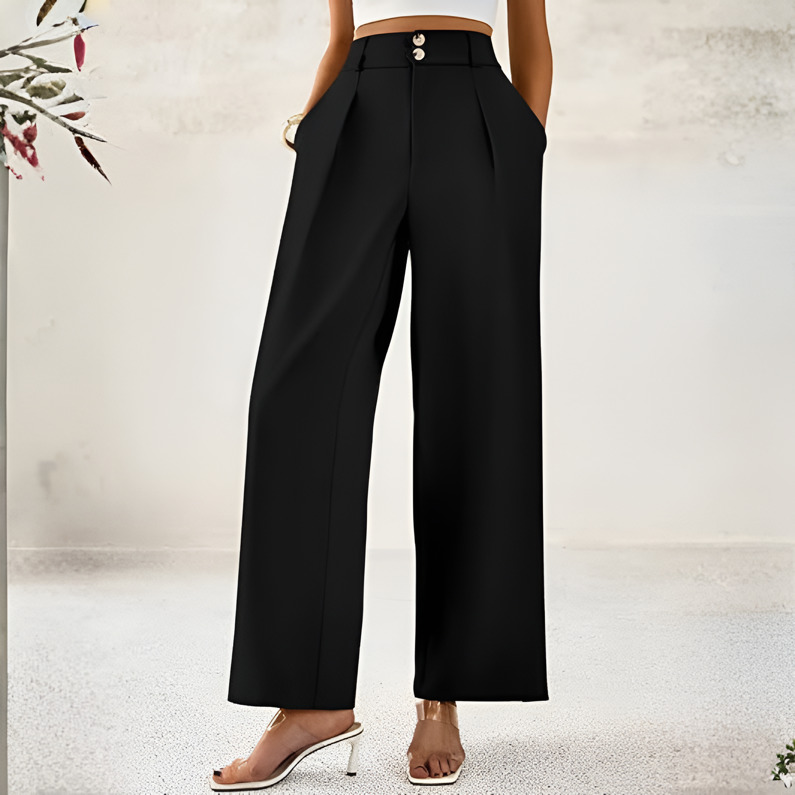 Wide Fit High Rise Button Pleated Trousers For Women  – pocket detail close-up