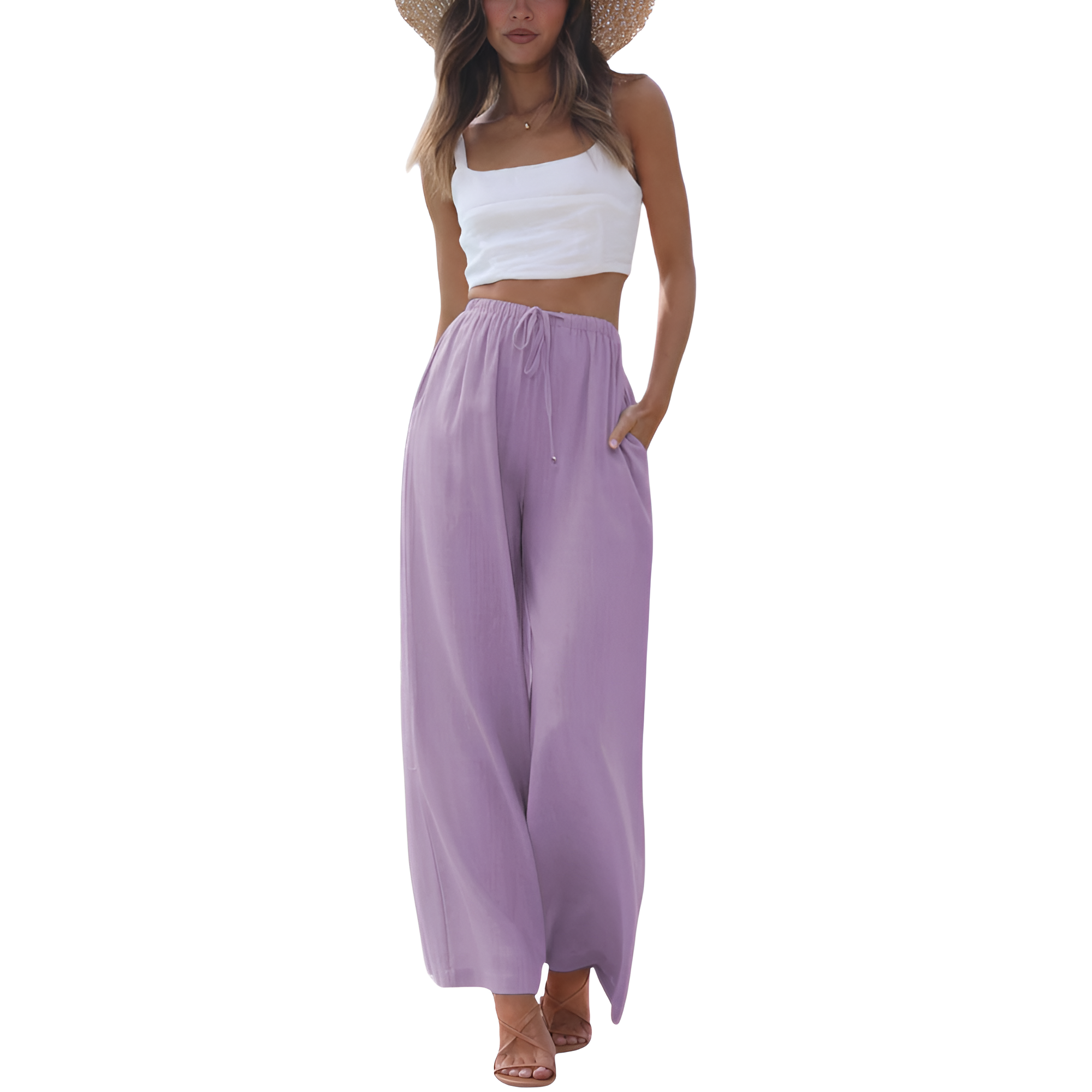 Flowy Summer Wide Fit Beach Palazzo Pants With Pockets For Women – model wearing view