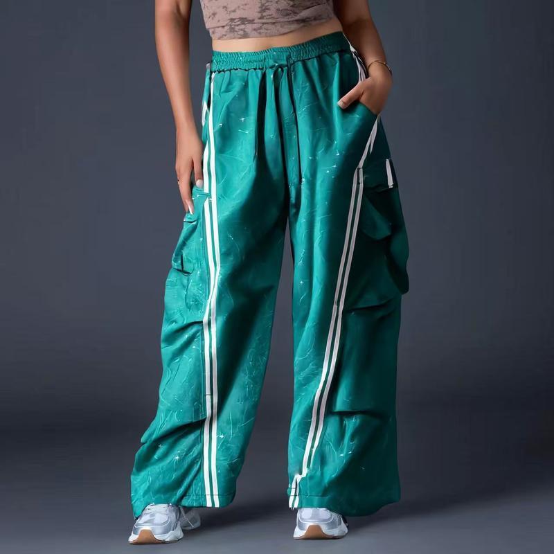 Loose Fit Street Cargo Pants Women Plus Size Teal Green Wide Leg Drawstring Joggers