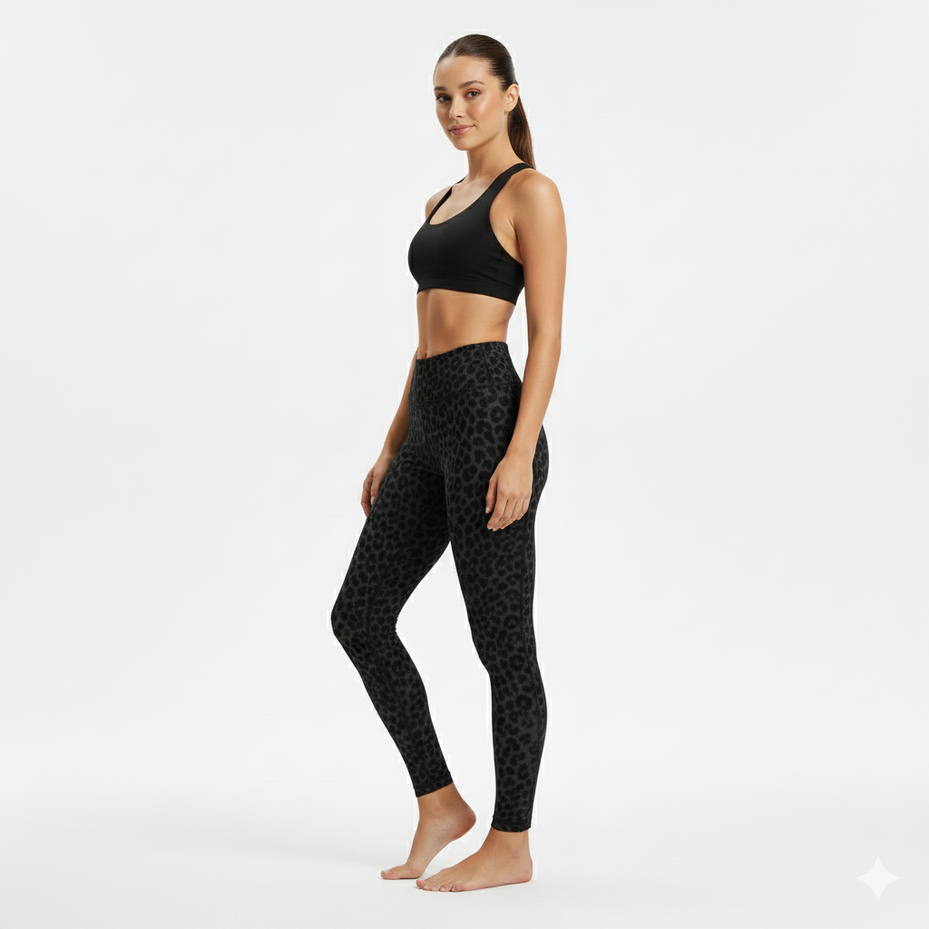 Women's Black Flocked Leopard Print High Rise Leggings – back view detail