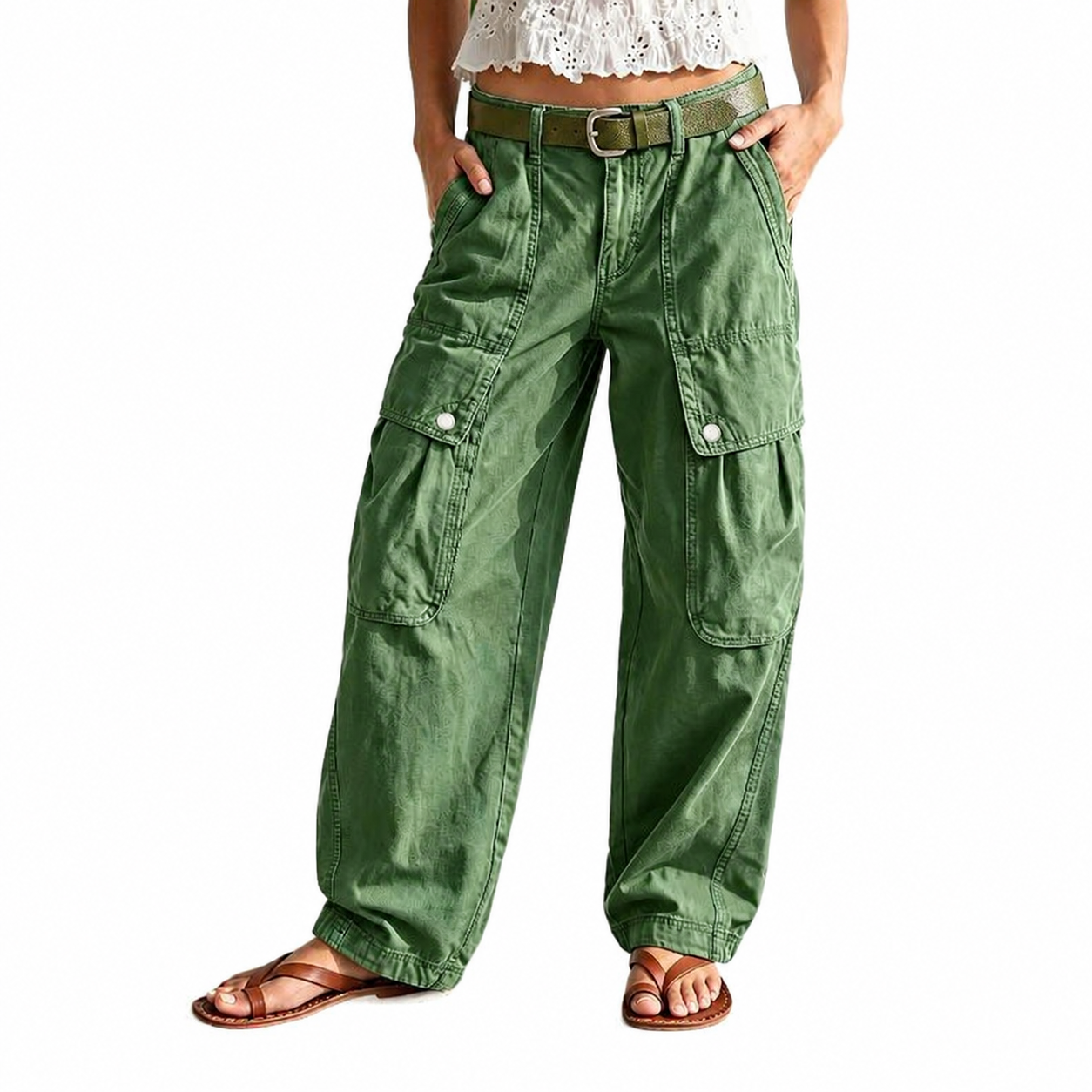 Solid Color Flap Pocket Mid Rise Wide Cargo Pants For Women