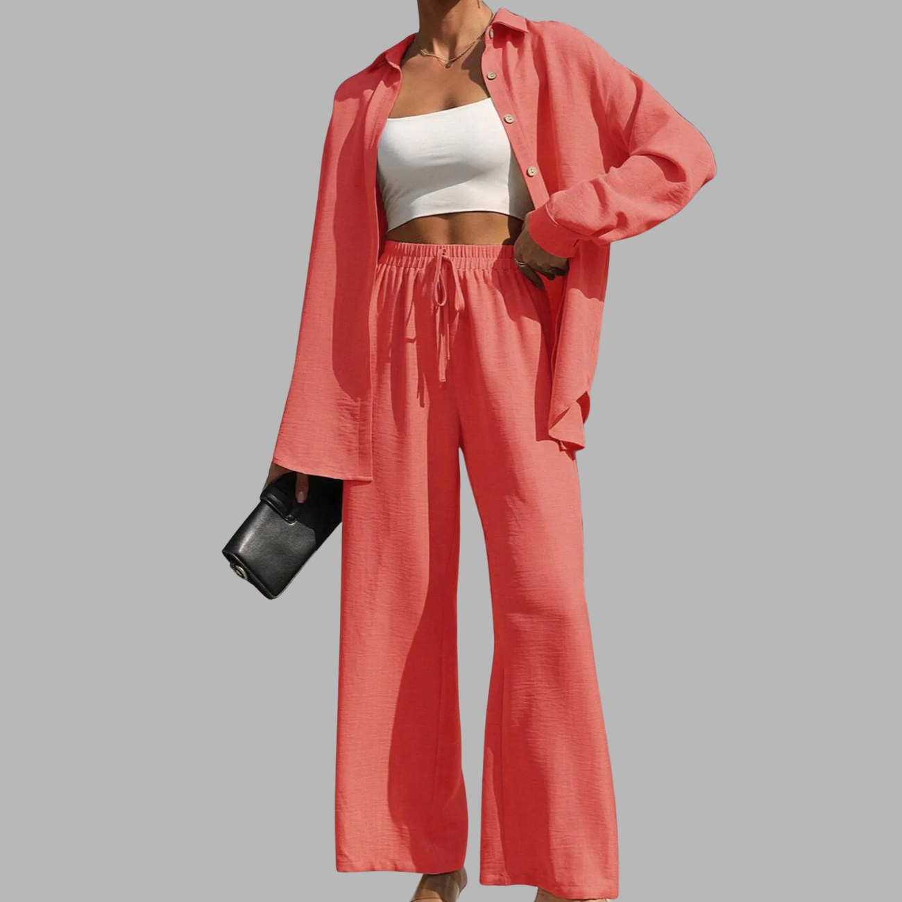 Two Piece Set With Solid Button Front Shirt And Tie Front Wide Pants For Women
