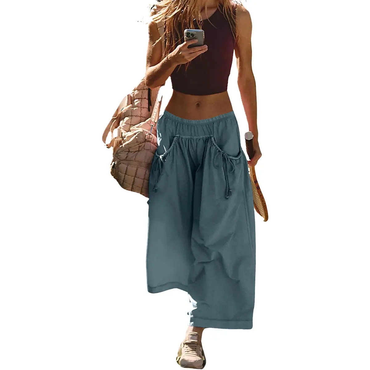 Boho Capri Pants With Drawstring and Pockets For Women