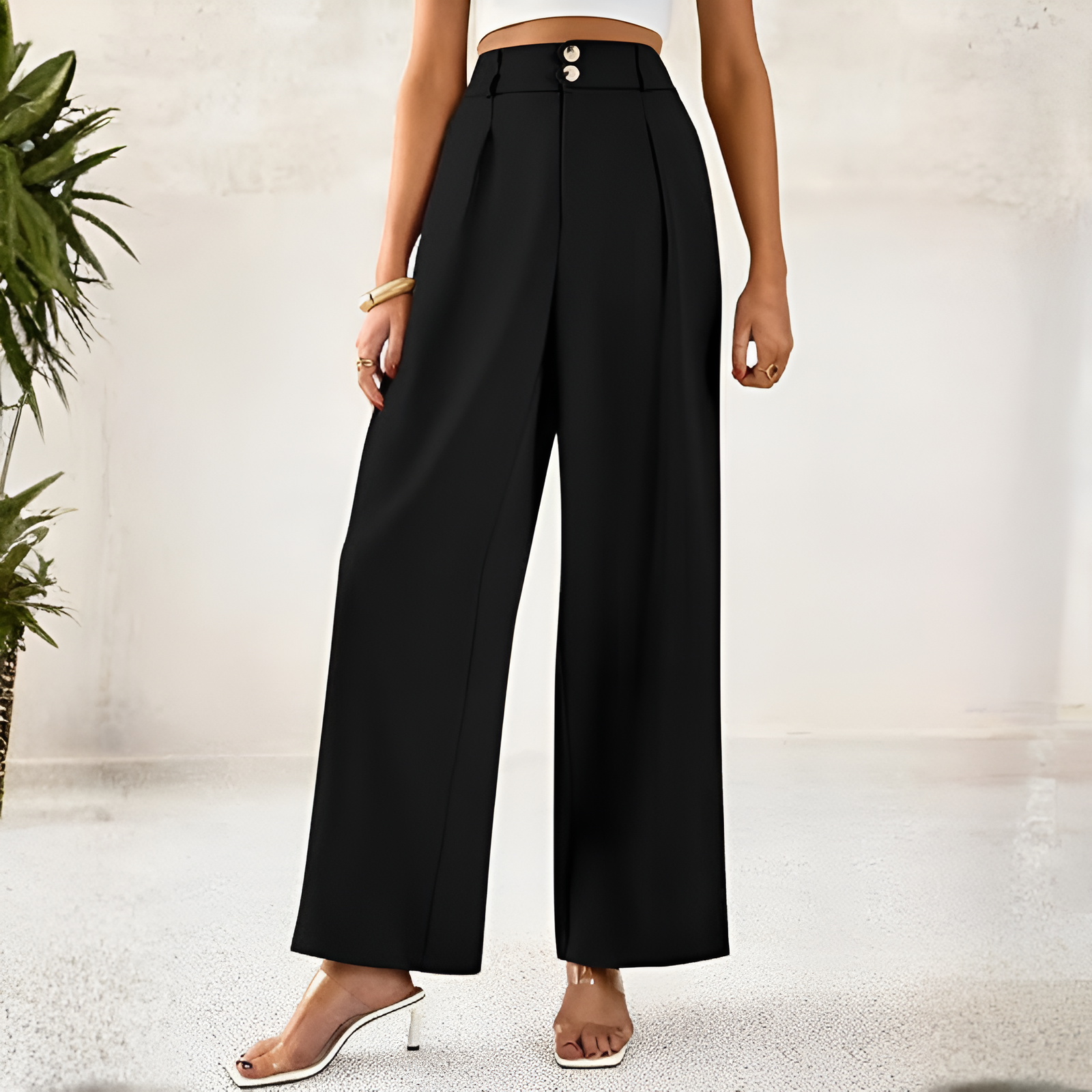 Wide Fit High Rise Button Pleated Trousers For Women  – side profile view