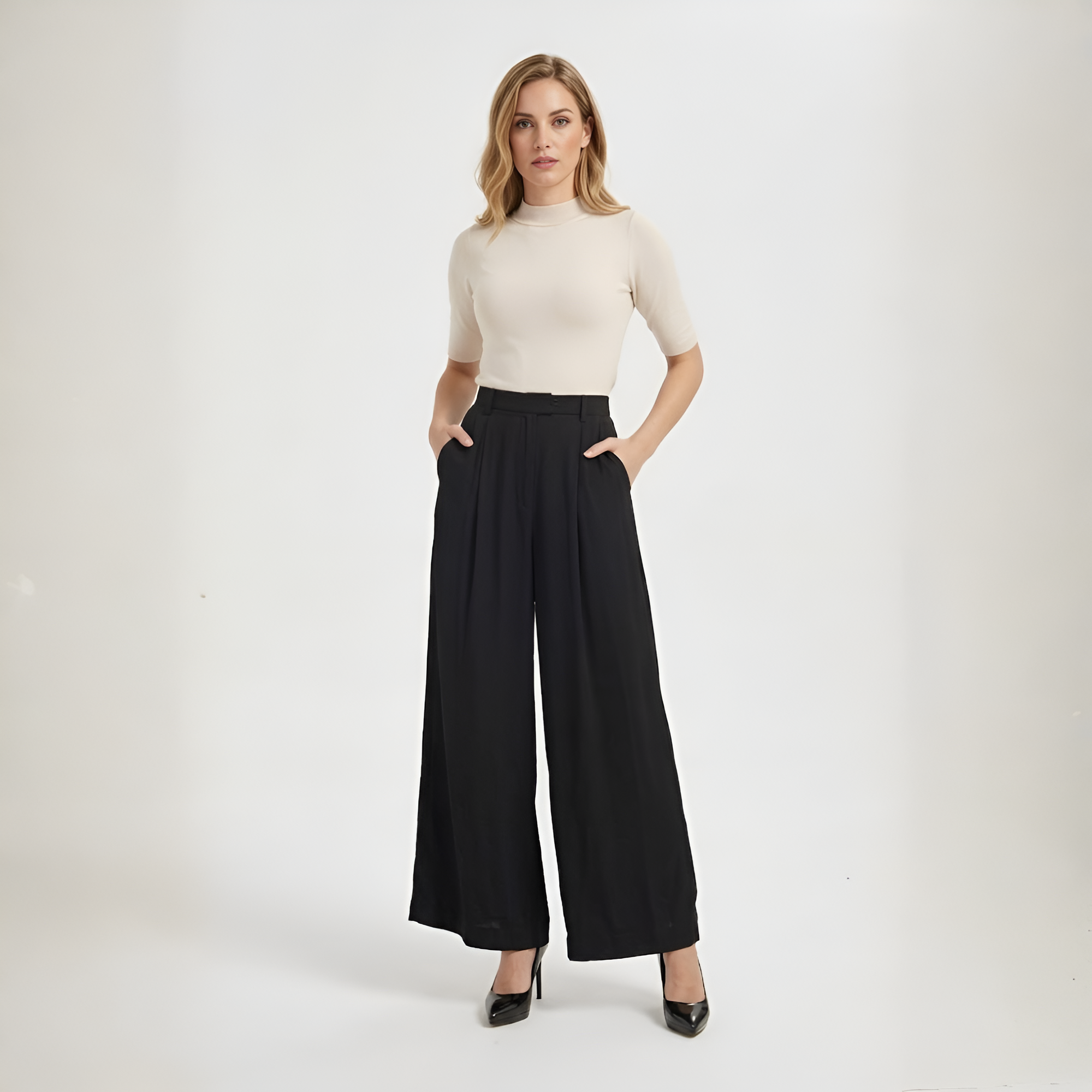 High Rise Wide Fit Casual Long Palazzo Pants For Women  – waistband detail