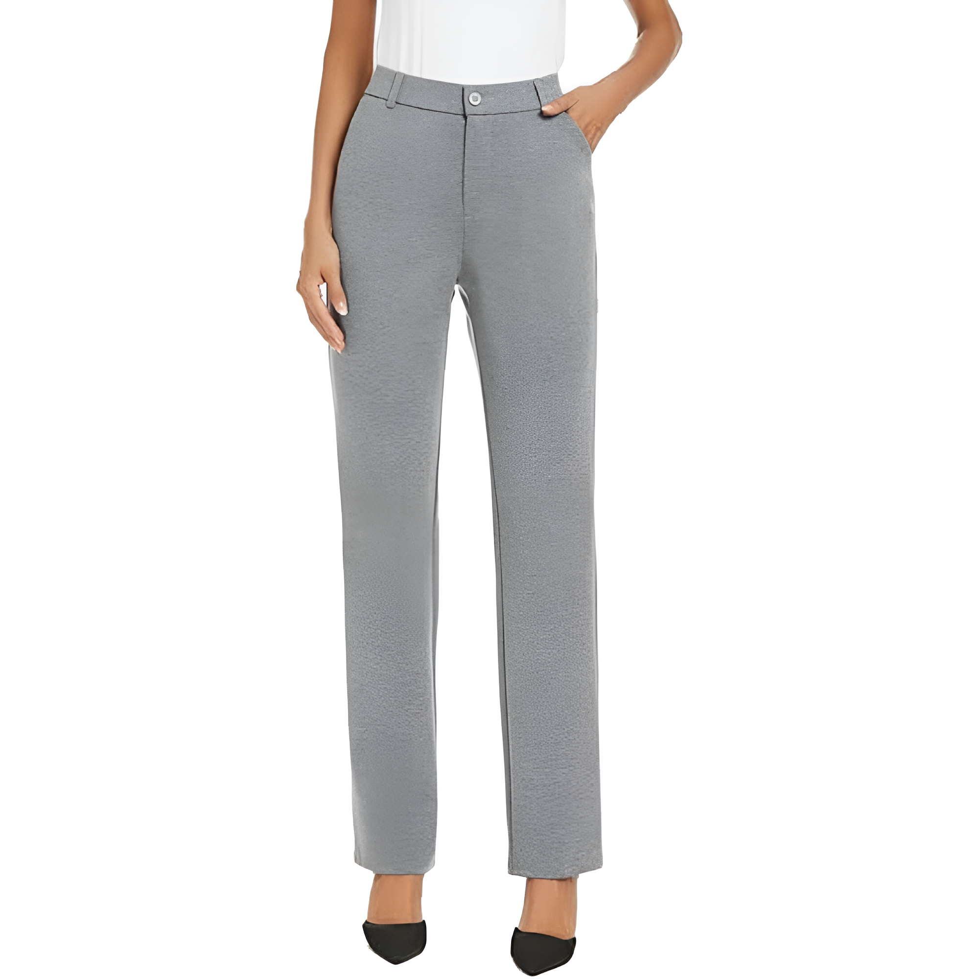 Stretchy Straight Casual Work Pants With Pockets For Women – model wearing view