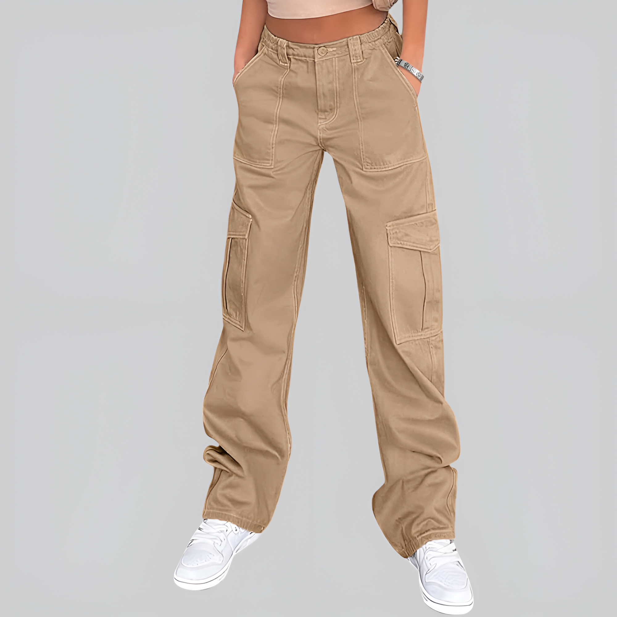 High Rise Casual Baggy And Stretchy Wide Fit Cargo Pants For Women  – fit and style view
