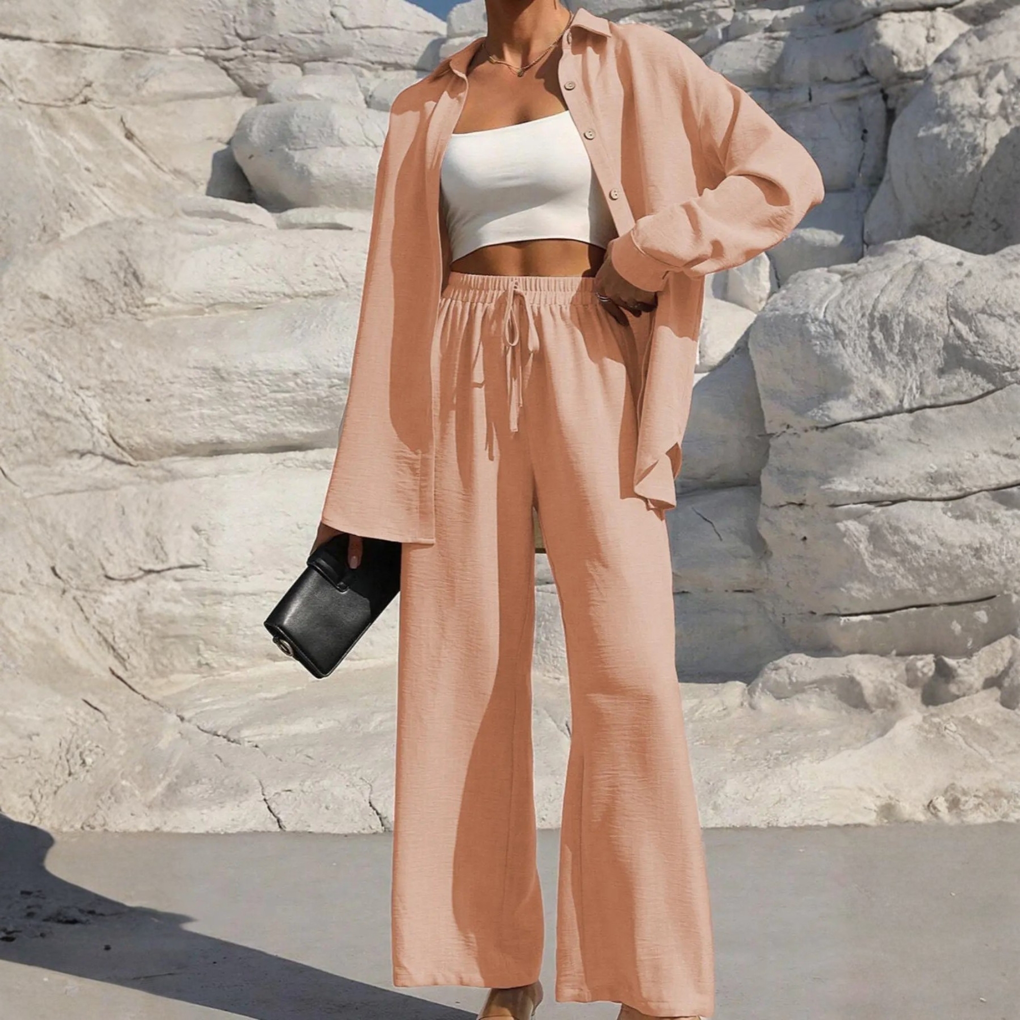 Two Piece Set With Shirt Tie And Front Wide Pants For Women