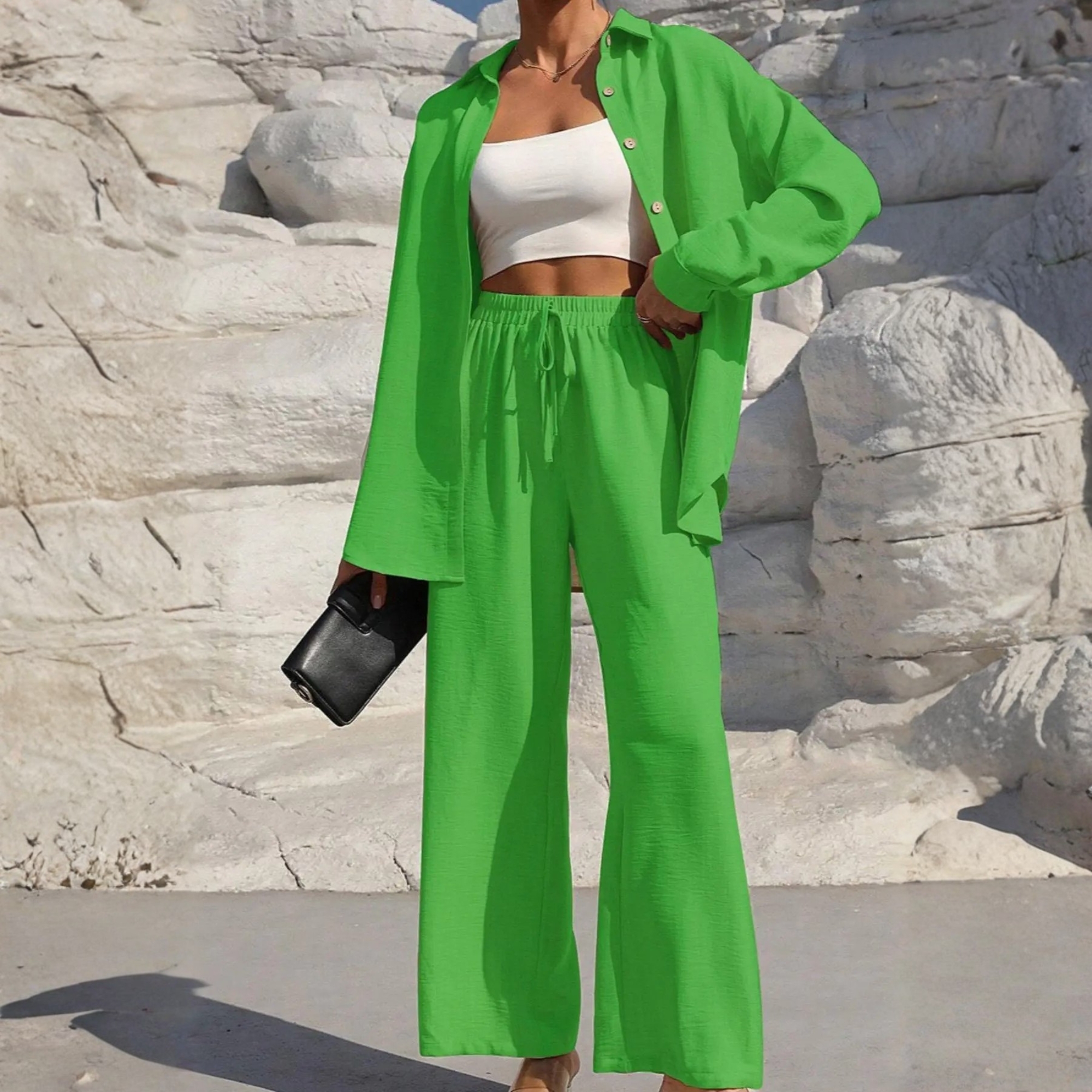 Two Piece Set With Shirt Tie And Front Wide Pants For Women