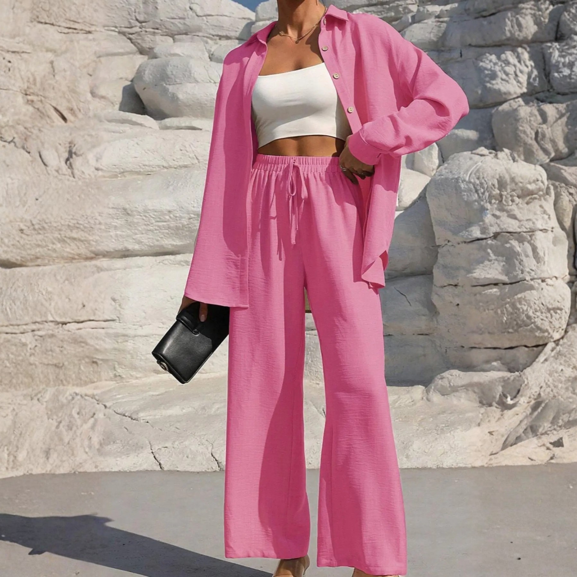 Two Piece Set With Shirt Tie And Front Wide Pants For Women