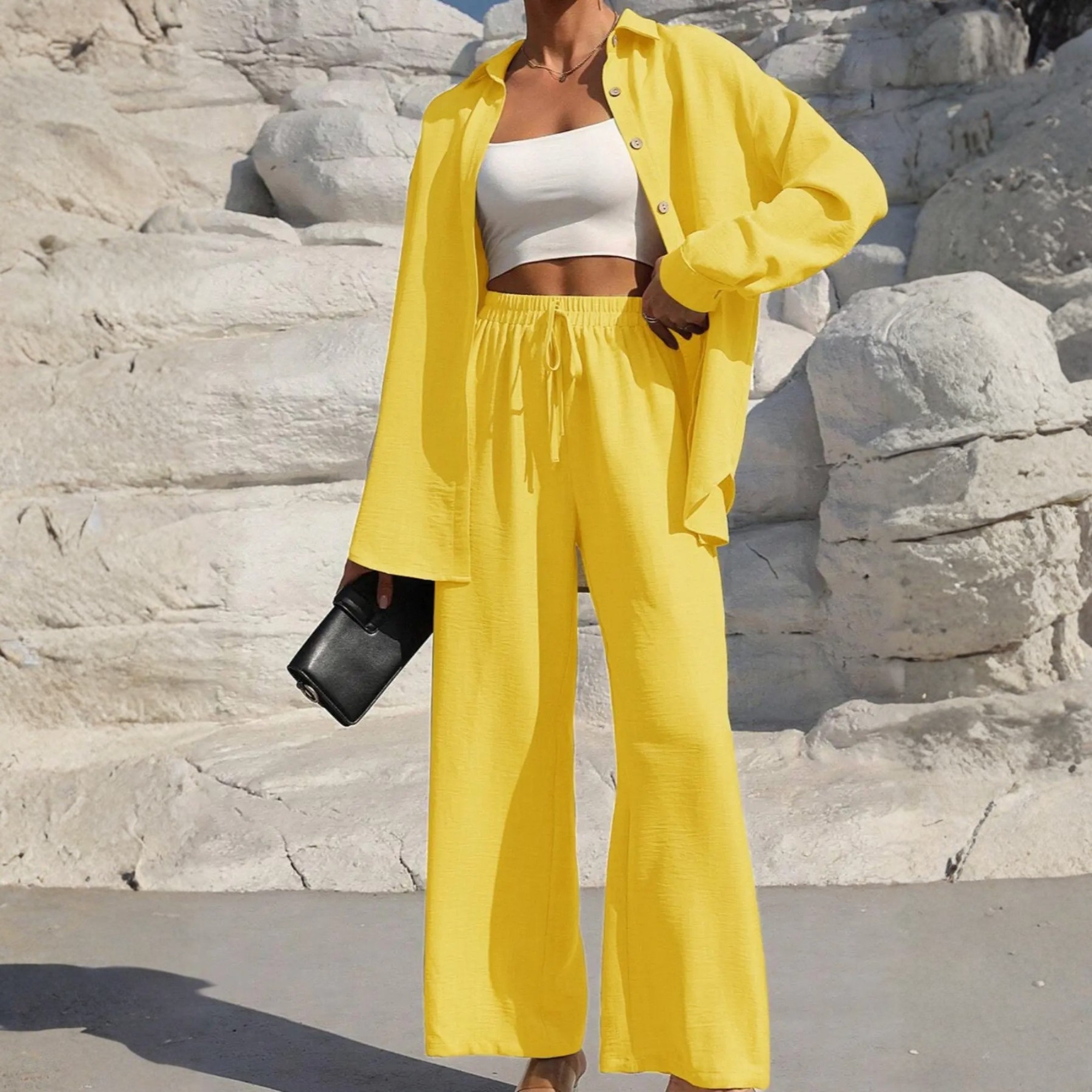 Two Piece Set With Shirt Tie And Front Wide Pants For Women