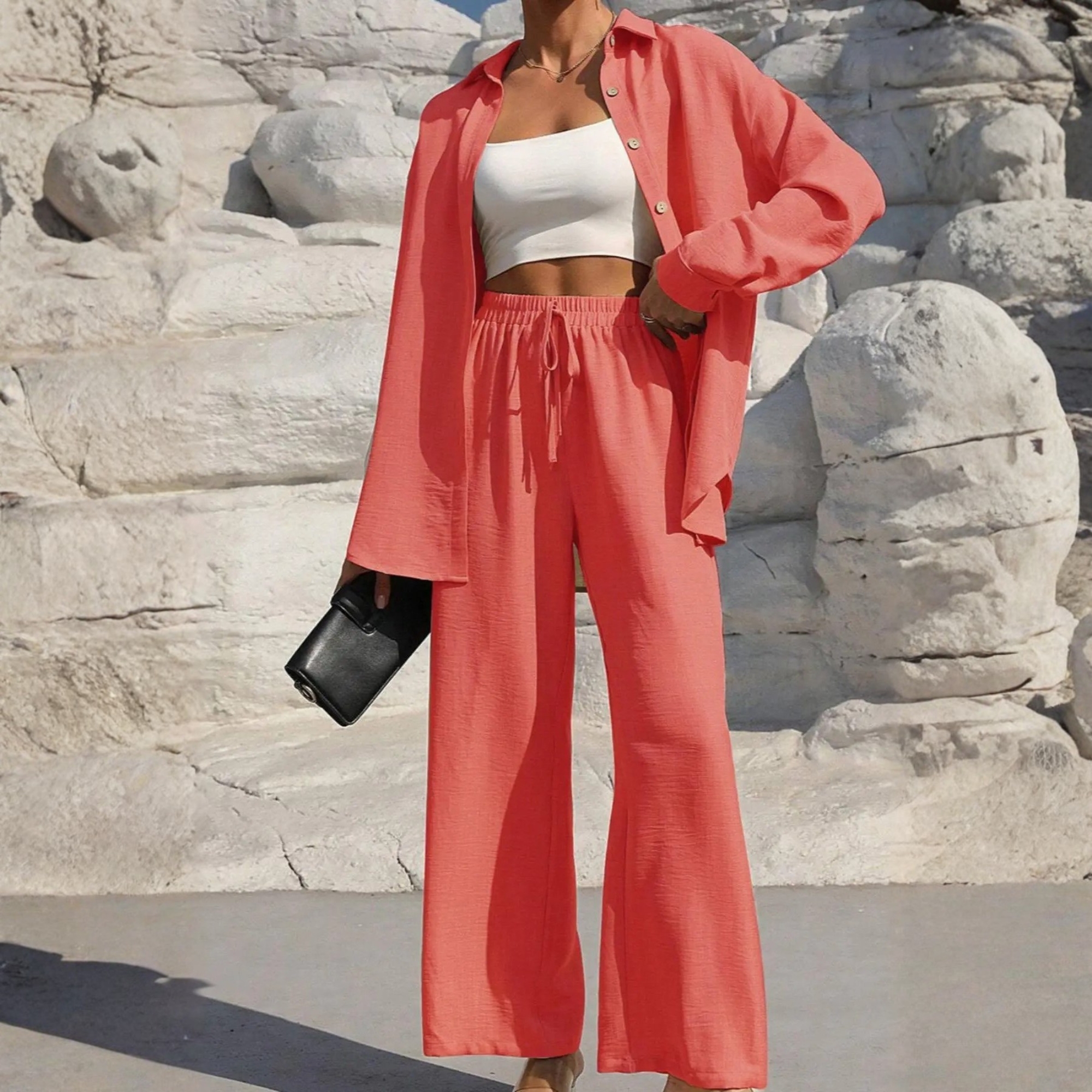 Two Piece Set With Button Front Shirt And Wide Pants For Wom - Outdoor A – model wearing view