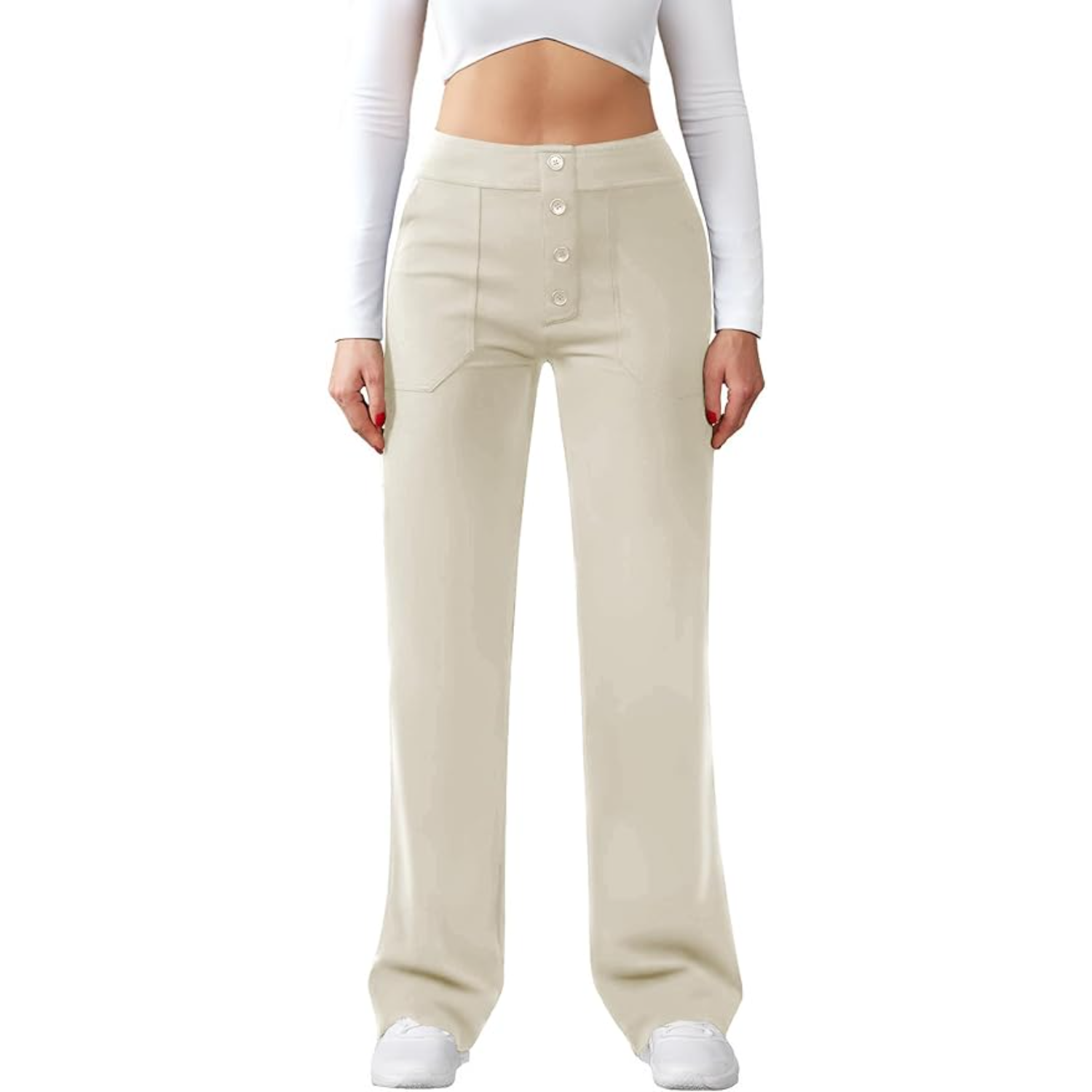 High Rise Straight Pants With Button Detail And Pocket For Women – full length outfit view
