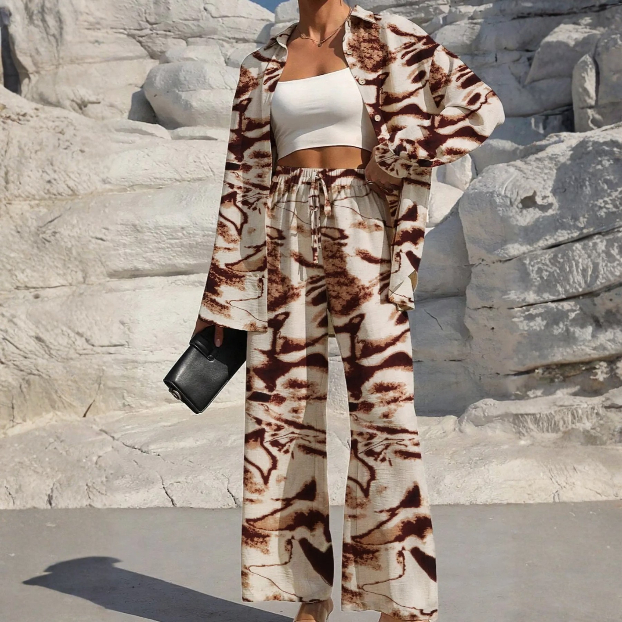 Two Piece Set With Button Front Shirt And Wide Pants For Wom - Outdoor A – full length outfit view