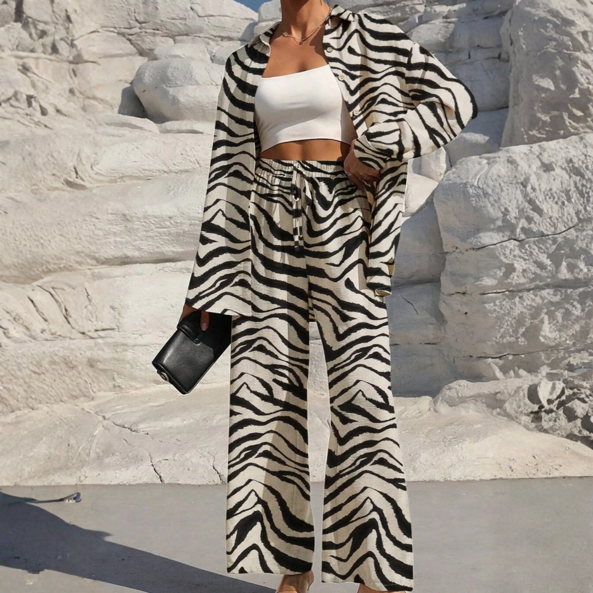 Two Piece Set With Shirt Tie And Front Wide Pants For Women