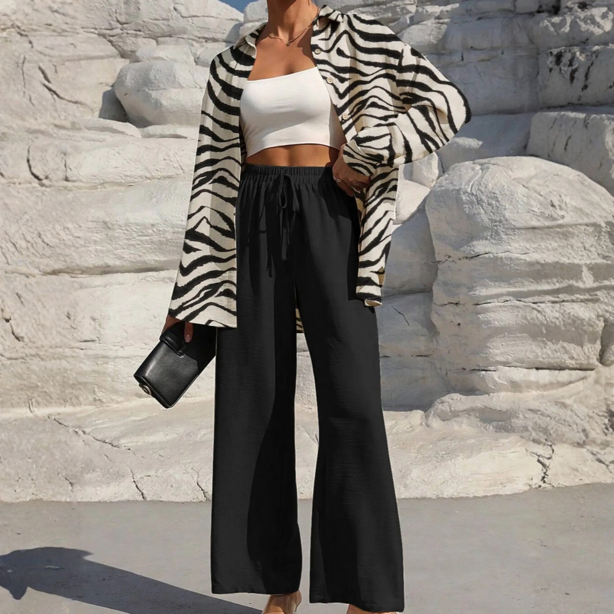 Two Piece Set With Shirt Tie And Front Wide Pants For Women