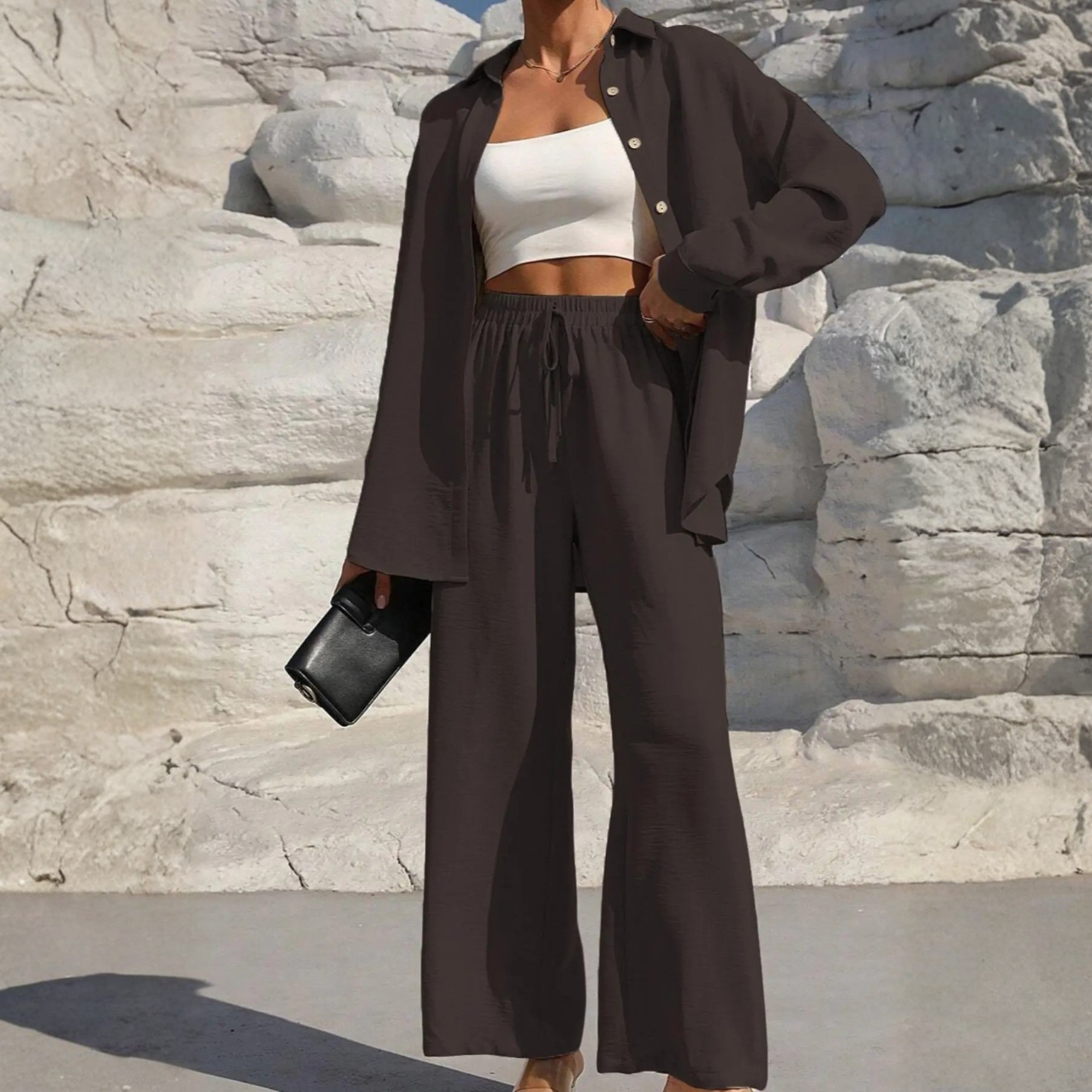 Two Piece Set With Shirt Tie And Front Wide Pants For Women