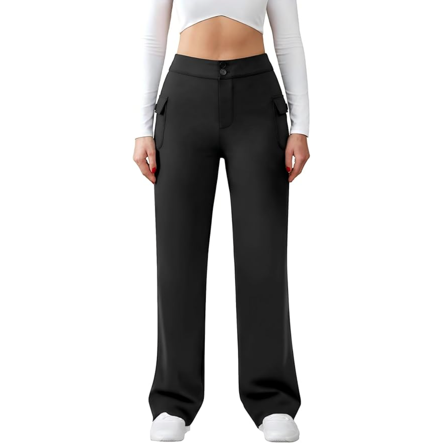 High Rise Straight Pants With Button Detail And Pocket For Women – fabric detail close-up