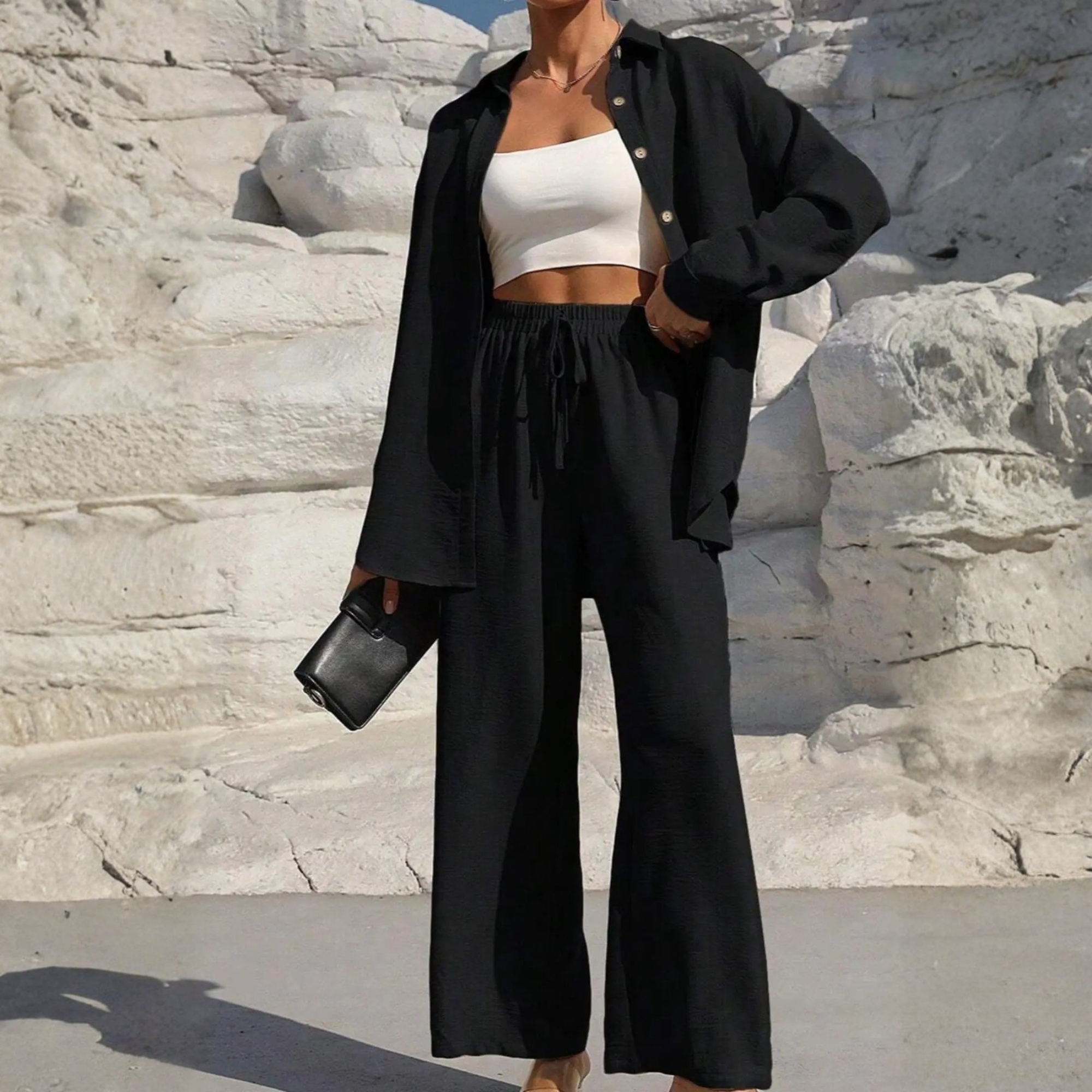 Two Piece Set With Shirt Tie And Front Wide Pants For Women