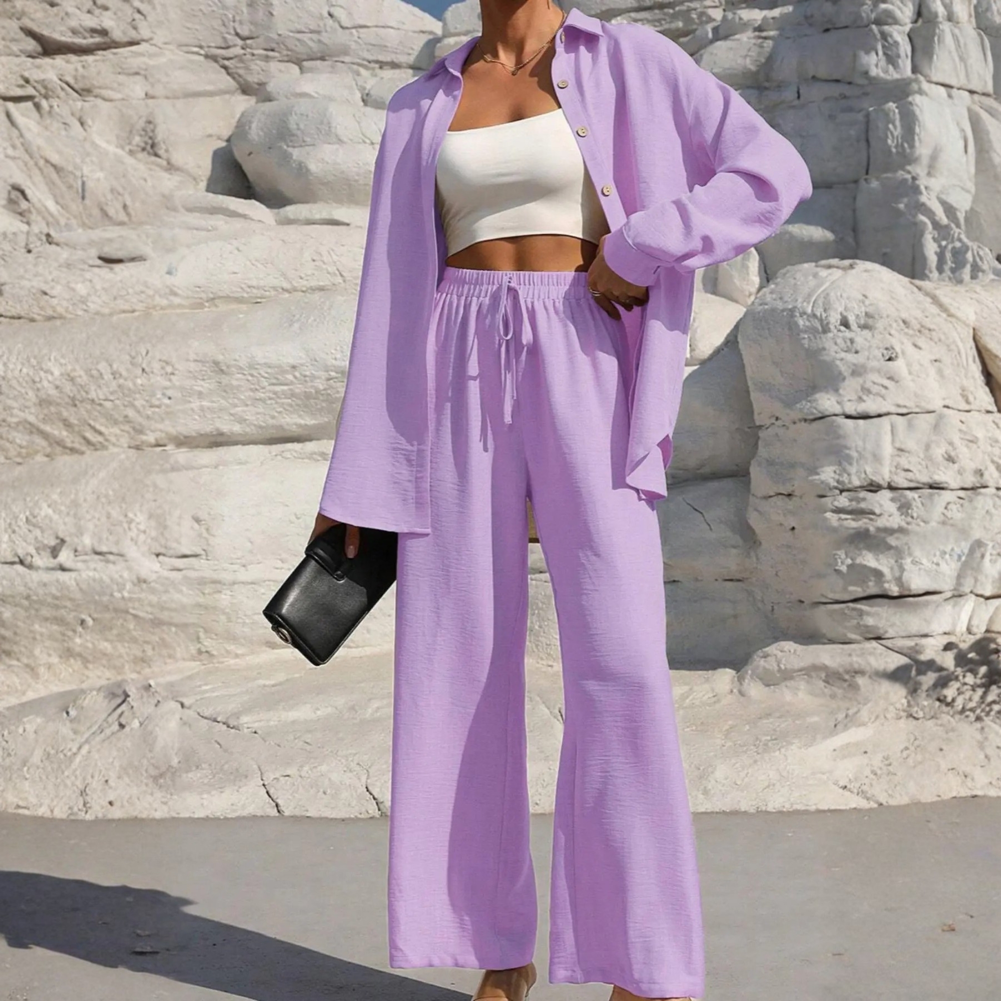 Two Piece Set With Shirt Tie And Front Wide Pants For Women