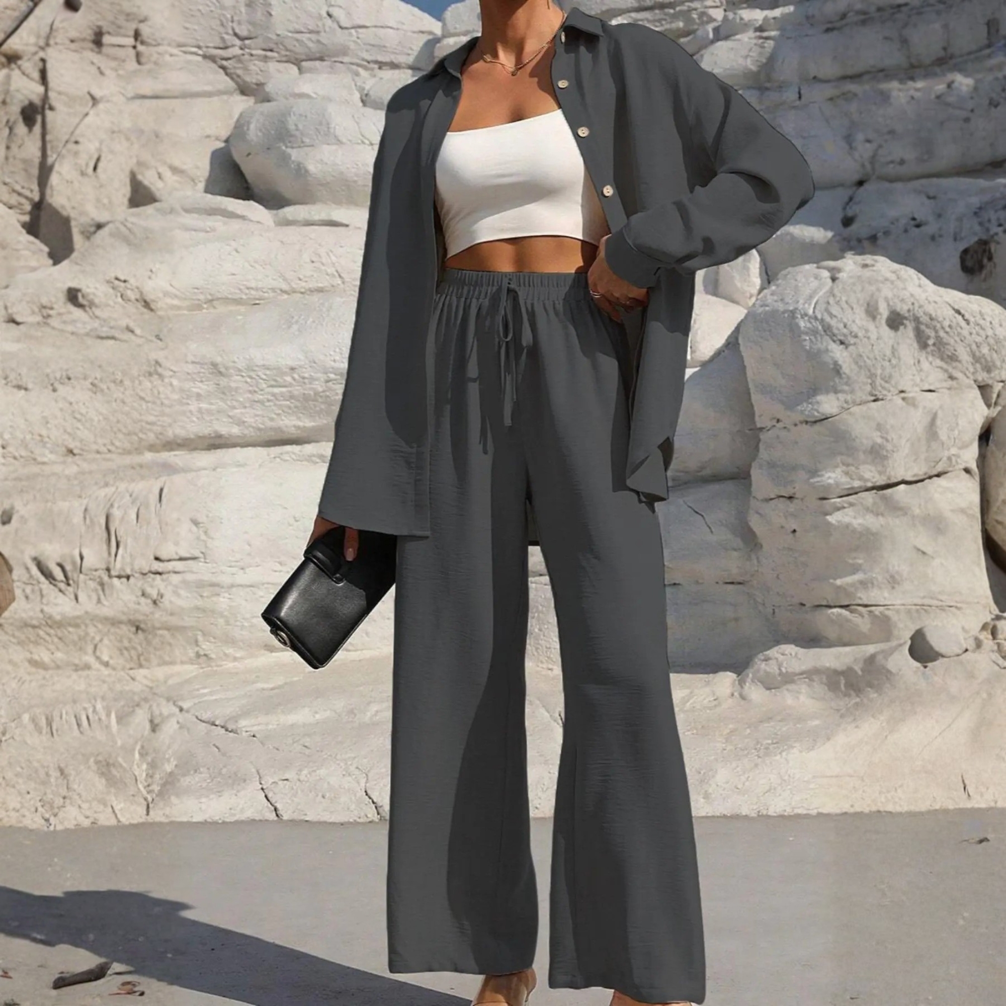 Two Piece Set With Button Front Shirt And Wide Pants For Wom - Outdoor A – side profile view